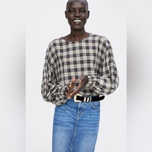 NWT Zara Cream Black Plaid Oversized Casual Blouse Top‎ Shirt XS S X Small